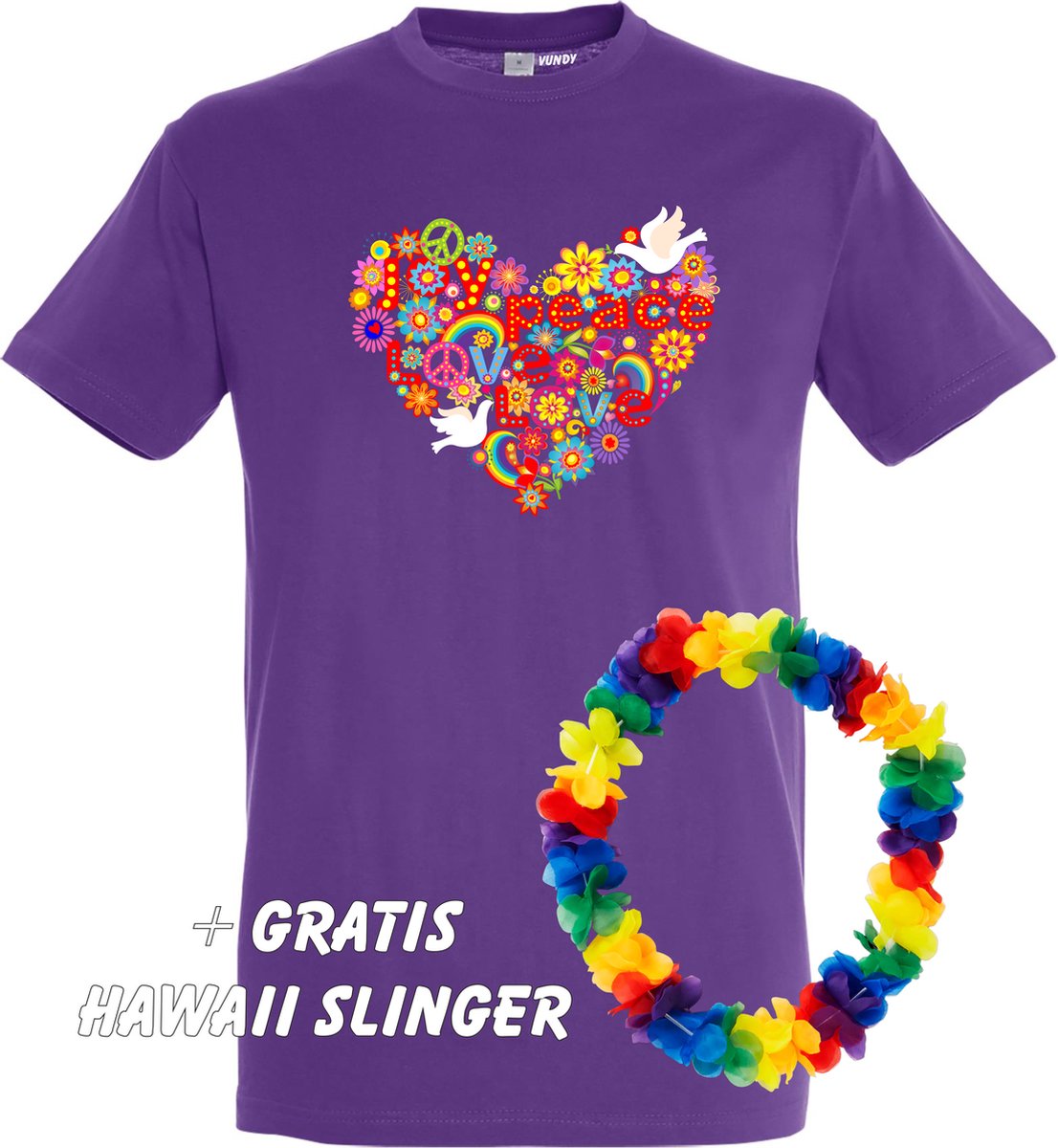 T-shirt Love Peace Hart | Toppers in Concert 2022 | Toppers kleding shirt | Flower Power| Happy Together | Hippie Jaren 60 | Paars | maat 5XL
